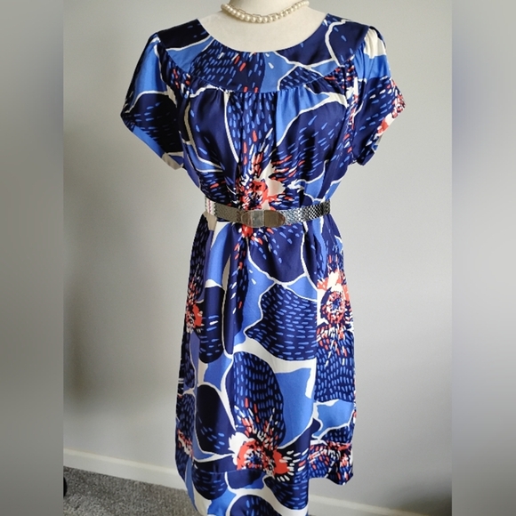 Victor Alfaro 100% Silk Navy Blue Floral Shift Dress Colorful Day Evening Sz 10 - Picture 12 of 16